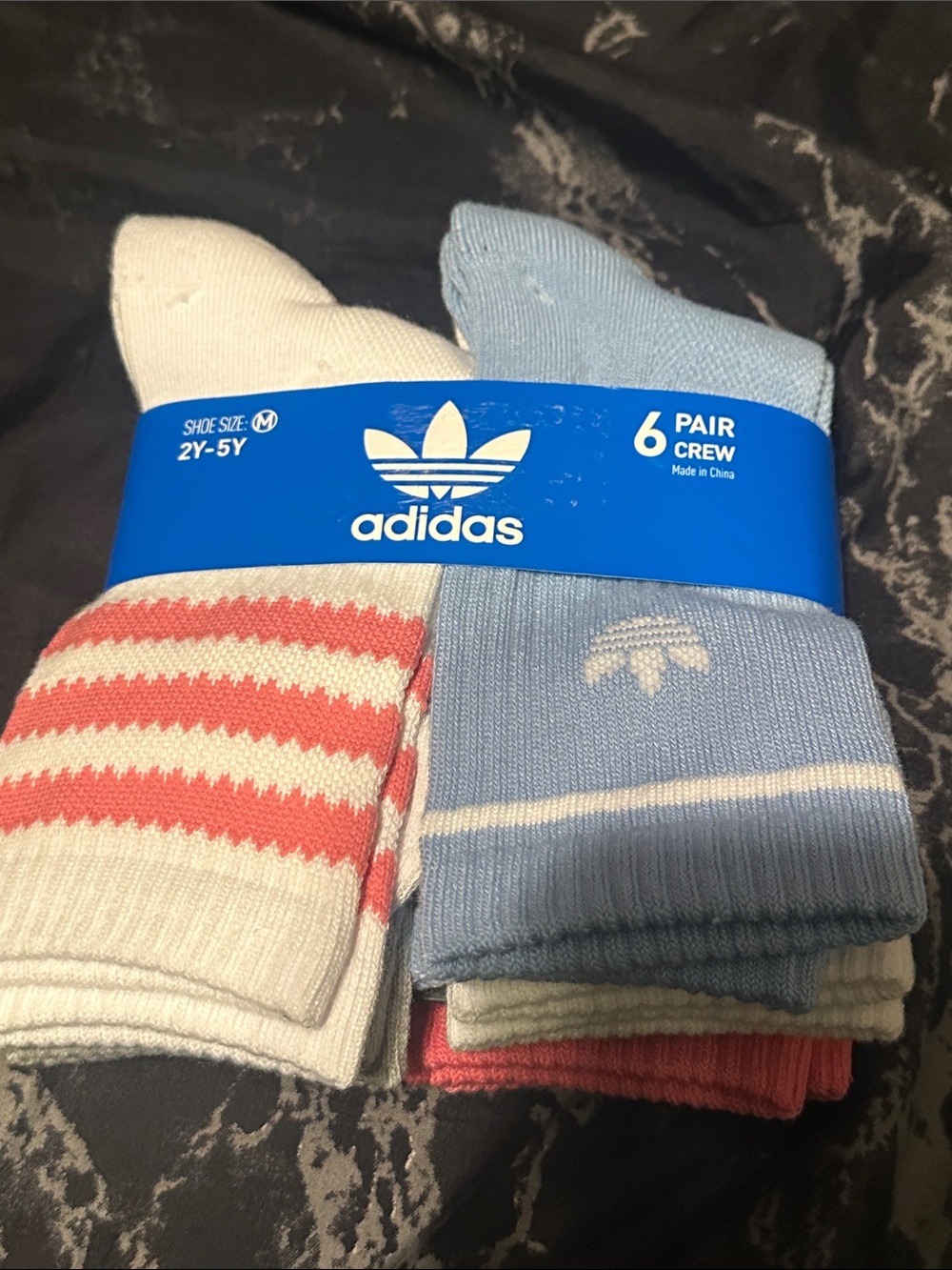 adidas Kids 6-Pack Crew Socks - White, Light Blue, Coral Stripe